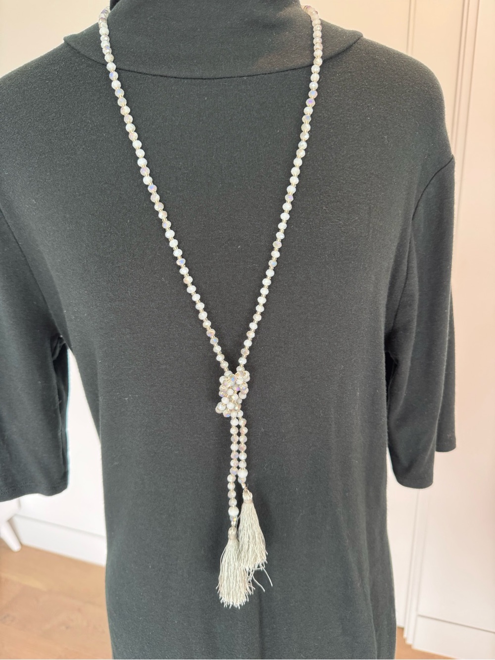 Crystal Bead Tassel Necklace - silver